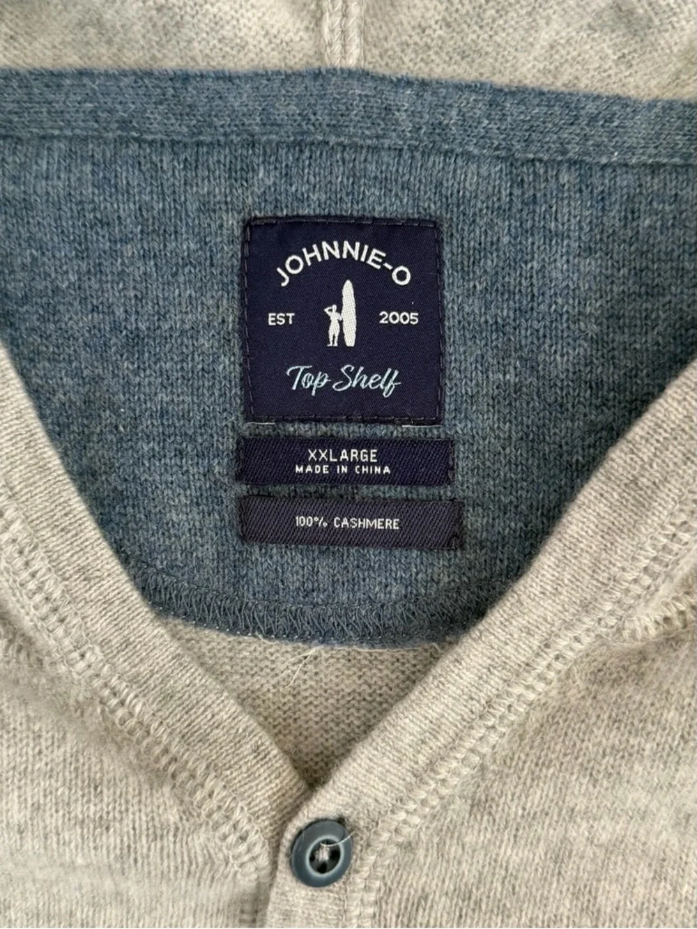 Johnnie-O Dearborn 100% Cashmere Light Gray Preppy Henley Hooded‎ Sweater
